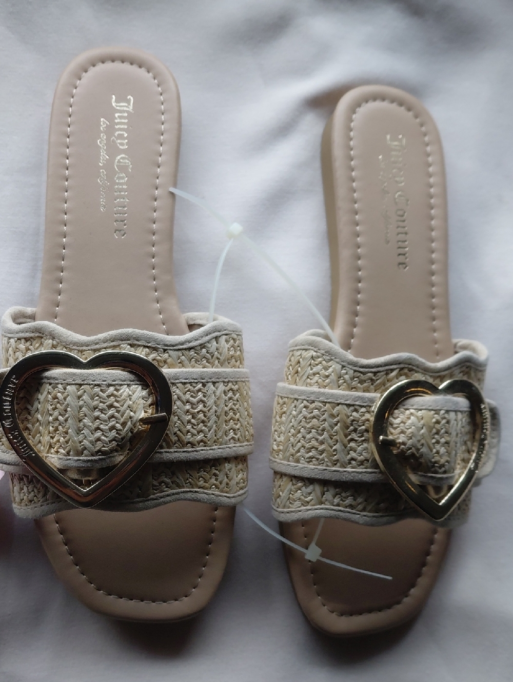 Juicy Couture Cream Raffia Slide Sandals with Gold Heart Buckles